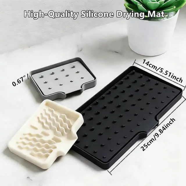 Alt view image 5 of 7 - Dish Drying Mat, Silicone Dish Drying Mat for Kitchen Counter, Drainer Pad with Built-in Drain, Non-Slip, Heat Resistant Draining Pad (Black, 10" x 5.5")