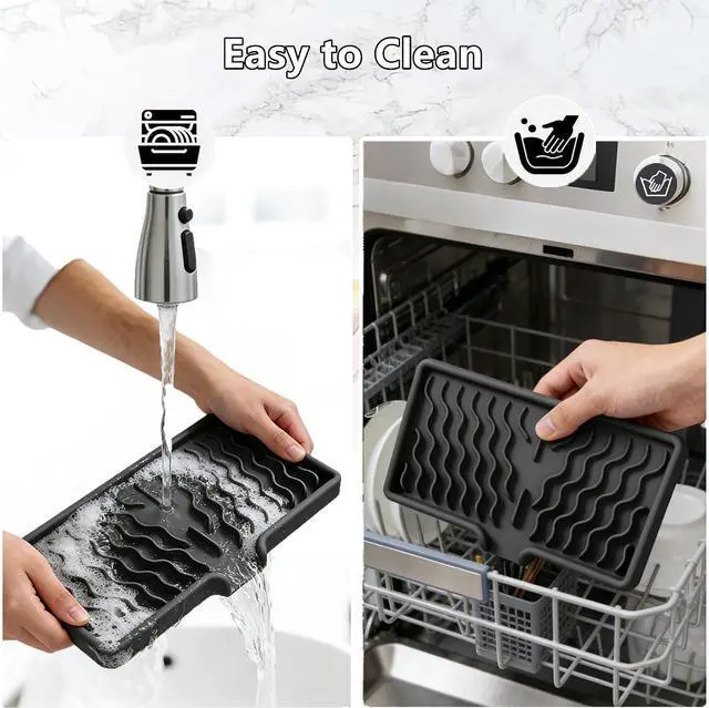 Alt view image 6 of 7 - Dish Drying Mat, Silicone Dish Drying Mat for Kitchen Counter, Drainer Pad with Built-in Drain, Non-Slip, Heat Resistant Draining Pad (Black, 10" x 5.5")