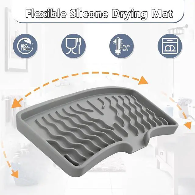 Alt view image 7 of 7 - Dish Drying Mat, Silicone Dish Drying Mat for Kitchen Counter, Drainer Pad with Built-in Drain, Non-Slip, Heat Resistant Draining Pad (Black, 10" x 5.5")