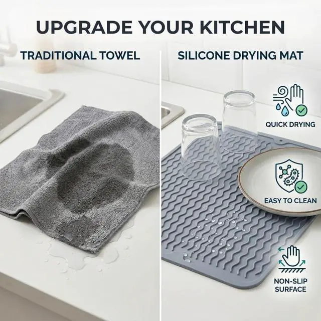 Alt view image 4 of 7 - Silicone Dish Drying Mat for Kitchen Counter, Heat Resistant Dish Drainer, Easy to Clean Eco-Friendly Sink Liner, Non-Slip Drawer & Countertop Liner (16 x 12, Gray)