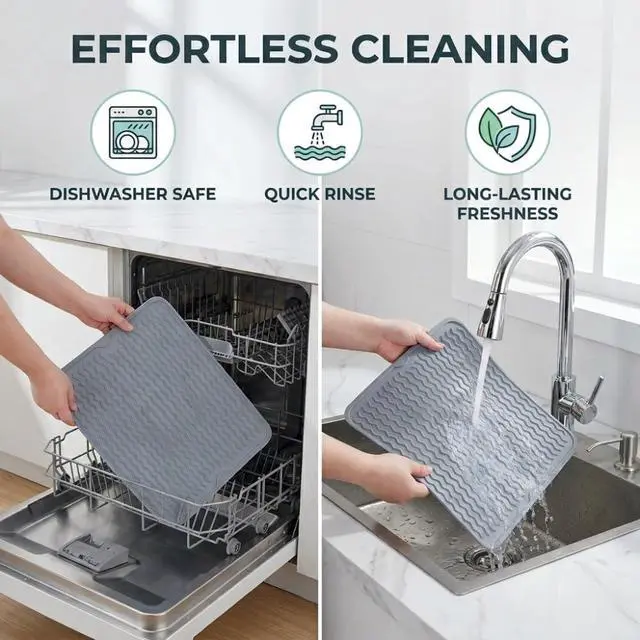 Alt view image 6 of 7 - Silicone Dish Drying Mat for Kitchen Counter, Heat Resistant Dish Drainer, Easy to Clean Eco-Friendly Sink Liner, Non-Slip Drawer & Countertop Liner (16 x 12, Gray)