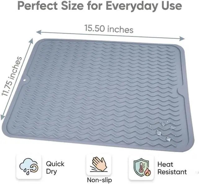 Alt view image 5 of 7 - Silicone Dish Drying Mat for Kitchen Counter, Heat Resistant Dish Drainer, Easy to Clean Eco-Friendly Sink Liner, Non-Slip Drawer & Countertop Liner (16 x 12, Gray)