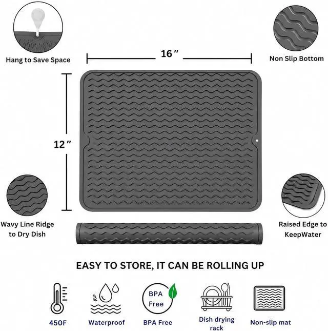 Alt view image 2 of 7 - Silicone Dish Drying Mat 16 x 12 Inch, Non-Slip Heat Resistant Food-Grade Silicone Dish Pad, Easy Clean Multipurpose Sink Mat & Counter Protector, Dark Gray