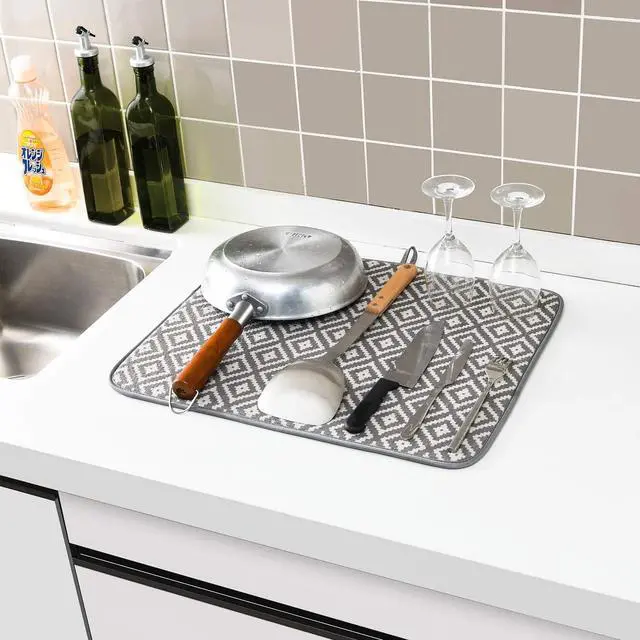 Alt view image 5 of 7 - SUBEKYU Microfiber Dish Drying Mat for Kitchen Counter, Absorbent Dishes Drainer/Rack Pad for Countertop, 19.2 by 15.8 Inches (Rhombus), Grey, 1 Pack