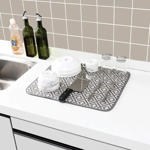 Alt view image 6 of 7 - SUBEKYU Microfiber Dish Drying Mat for Kitchen Counter, Absorbent Dishes Drainer/Rack Pad for Countertop, 19.2 by 15.8 Inches (Rhombus), Grey, 1 Pack