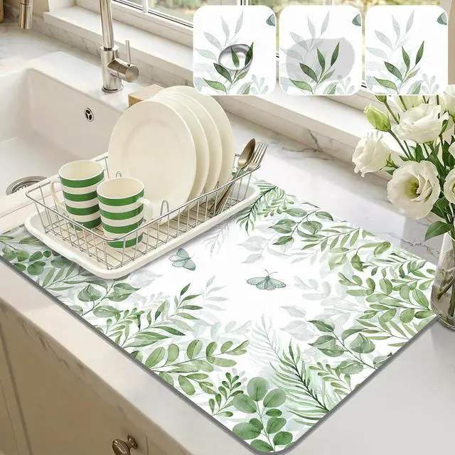 Main image of LOKHOM 12"x20" Dish Drying Mat Green Plant Coffee Mat | Floral Butterfly Prints, Ultra Absorbent, Quick Dry Dish Drainer Rack Mat, Heat Resistant, For Kitchen Countertop Sink Bar