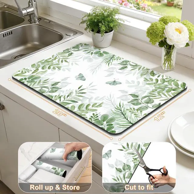 Alt view image 2 of 7 - LOKHOM 12"x20" Dish Drying Mat Green Plant Coffee Mat | Floral Butterfly Prints, Ultra Absorbent, Quick Dry Dish Drainer Rack Mat, Heat Resistant, For Kitchen Countertop Sink Bar