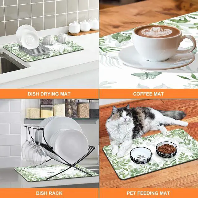 Alt view image 5 of 7 - LOKHOM 12"x20" Dish Drying Mat Green Plant Coffee Mat | Floral Butterfly Prints, Ultra Absorbent, Quick Dry Dish Drainer Rack Mat, Heat Resistant, For Kitchen Countertop Sink Bar