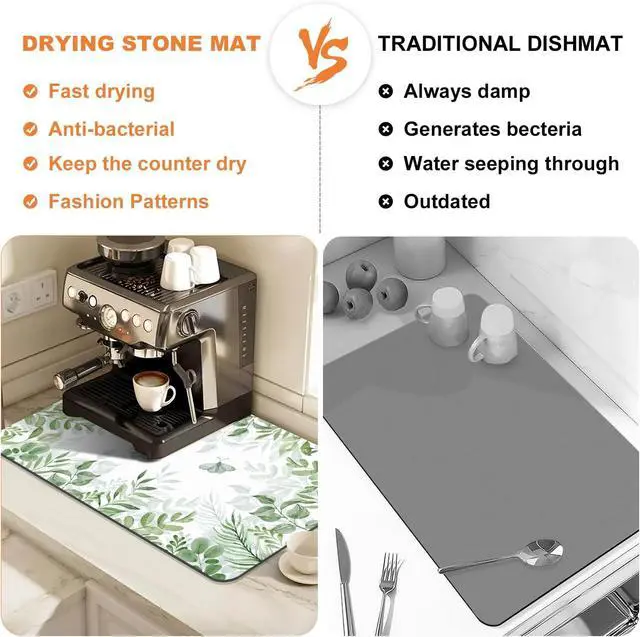 Alt view image 6 of 7 - LOKHOM 12"x20" Dish Drying Mat Green Plant Coffee Mat | Floral Butterfly Prints, Ultra Absorbent, Quick Dry Dish Drainer Rack Mat, Heat Resistant, For Kitchen Countertop Sink Bar