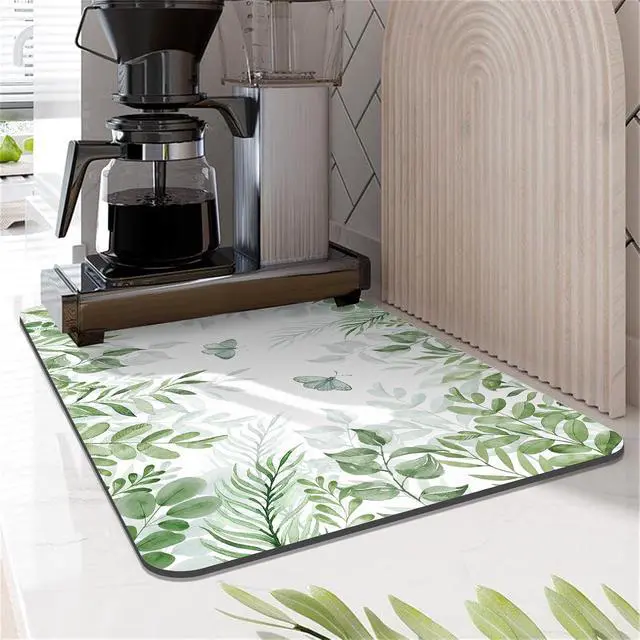 Alt view image 7 of 7 - LOKHOM 12"x20" Dish Drying Mat Green Plant Coffee Mat | Floral Butterfly Prints, Ultra Absorbent, Quick Dry Dish Drainer Rack Mat, Heat Resistant, For Kitchen Countertop Sink Bar