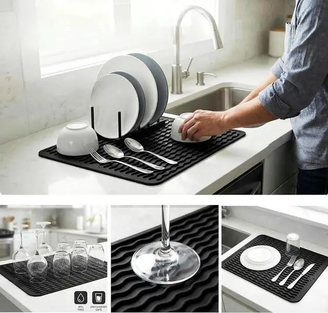 Alt view image 3 of 7 - MicoYang Silicone Dish Drying Mat Quick-Dry Ridges Counter & Sink Pad, Heat-Resistant Trivet to 450°F, Non-Slip & Dishwasher Safe, Roll-Up Storage, 18 Colors & 9 Sizes (Black, 16"×12")
