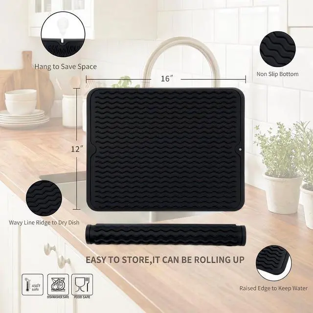 Alt view image 2 of 7 - MicoYang Silicone Dish Drying Mat Quick-Dry Ridges Counter & Sink Pad, Heat-Resistant Trivet to 450°F, Non-Slip & Dishwasher Safe, Roll-Up Storage, 18 Colors & 9 Sizes (Black, 16"×12")