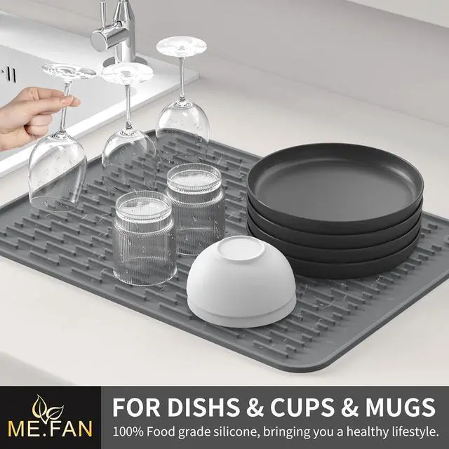 Alt view image 3 of 7 - ME.FAN Silicone Dish Drying Mat for Kitchen Counter, Dish Drying Pad for Sink, Refrigerator or Drawer, Countertop Protection Pad S - 12'' x 8'' - Grey