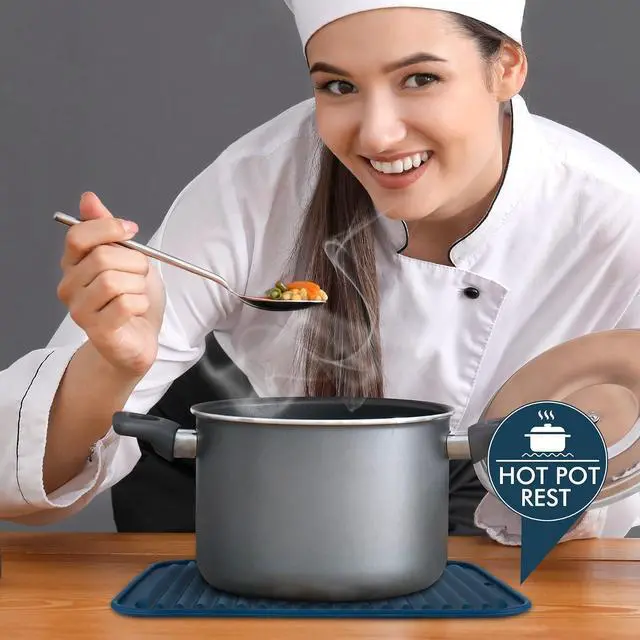 Alt view image 5 of 7 - HOTEC BPA Free Silicone Trivets for Hot pots and Pans, 446 Heat Resistant for Kitchen Counter Dish Drying Mat, Set of 2 Classic Blue
