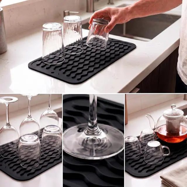 Alt view image 4 of 7 - MicoYang Silicone Dish Drying Mat for Multiple Usage,Easy clean,Eco-friendly,Heat-resistant Silicone Mat for Kitchen Counter or Sink,Refrigerator or Drawer Liner Black S 12 inches x 6 inches