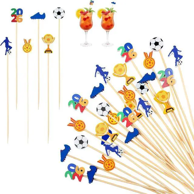 Main image of Aodaer 200 Pcs Soccer Cocktail Picks for Appetizers Soccer Toothpicks Long Bamboo Food Picks Fruit Skewers for Drinks Desserts for Game Day Soccer Party Supplies