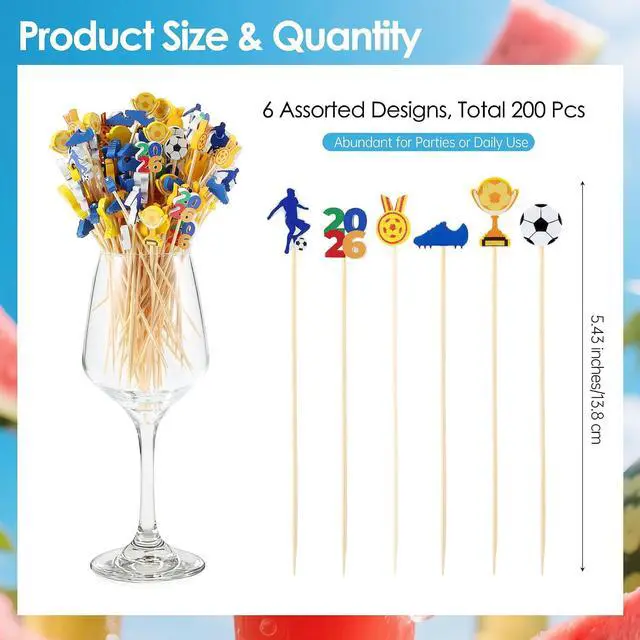 Alt view image 2 of 7 - Aodaer 200 Pcs Soccer Cocktail Picks for Appetizers Soccer Toothpicks Long Bamboo Food Picks Fruit Skewers for Drinks Desserts for Game Day Soccer Party Supplies