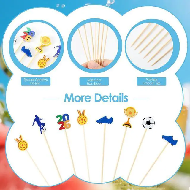Alt view image 3 of 7 - Aodaer 200 Pcs Soccer Cocktail Picks for Appetizers Soccer Toothpicks Long Bamboo Food Picks Fruit Skewers for Drinks Desserts for Game Day Soccer Party Supplies