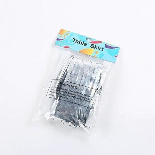 Alt view image 2 of 3 - Set of 2 Metallic Foil Fringe Table Skirt 29x108 Inch Tinsel Disposable Skirting for Parade Floats Trailer, Mardi Gras Party, Birthday, Baby Shower, Wedding (Silver)