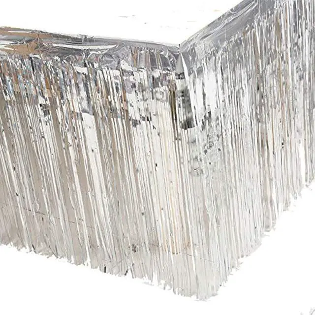 Main image of Set of 2 Metallic Foil Fringe Table Skirt 29x108 Inch Tinsel Disposable Skirting for Parade Floats Trailer, Mardi Gras Party, Birthday, Baby Shower, Wedding (Silver)
