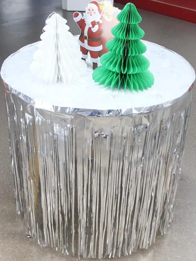 Alt view image 3 of 3 - Set of 2 Metallic Foil Fringe Table Skirt 29x108 Inch Tinsel Disposable Skirting for Parade Floats Trailer, Mardi Gras Party, Birthday, Baby Shower, Wedding (Silver)