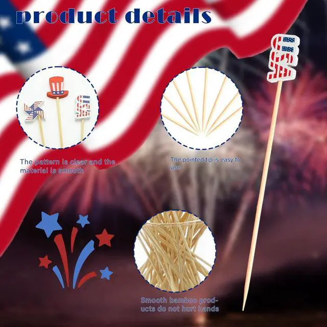 Alt view image 3 of 7 - 100pcs Patriotic Cocktail Picks Red White Blue 4th of July Decor Toothpicks Stick Skewer for Appetizer Charcuterie Accessories Fourth July Independence Memorial Veterans Election Day Party Decorations