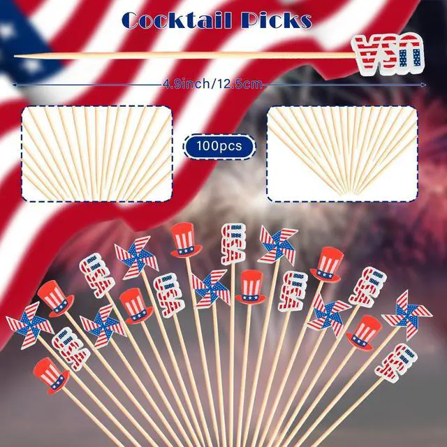 Alt view image 2 of 7 - 100pcs Patriotic Cocktail Picks Red White Blue 4th of July Decor Toothpicks Stick Skewer for Appetizer Charcuterie Accessories Fourth July Independence Memorial Veterans Election Day Party Decorations