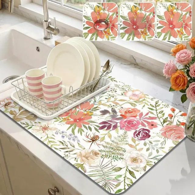 Main image of LOKHOM 12"x20" Dish Drying MatPink Floral Coffee Mat | Pink Roses Petals Prints, Ultra Absorbent, Quick Dry Dish Drainer Rack Mat, Heat Resistant, For Kitchen Countertop Sink Bar