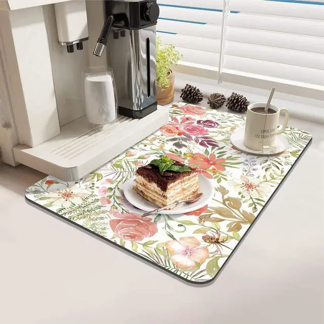 Alt view image 3 of 7 - LOKHOM 12"x20" Dish Drying MatPink Floral Coffee Mat | Pink Roses Petals Prints, Ultra Absorbent, Quick Dry Dish Drainer Rack Mat, Heat Resistant, For Kitchen Countertop Sink Bar