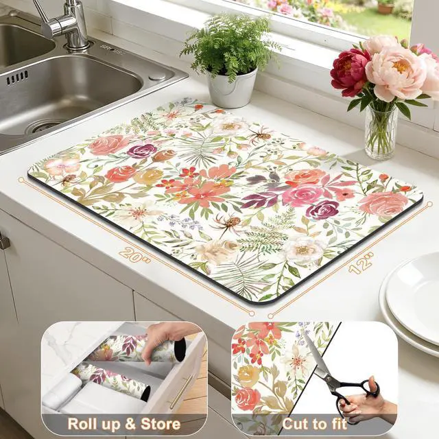 Alt view image 2 of 7 - LOKHOM 12"x20" Dish Drying MatPink Floral Coffee Mat | Pink Roses Petals Prints, Ultra Absorbent, Quick Dry Dish Drainer Rack Mat, Heat Resistant, For Kitchen Countertop Sink Bar
