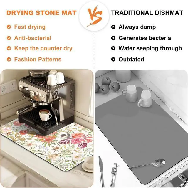 Alt view image 6 of 7 - LOKHOM 12"x20" Dish Drying MatPink Floral Coffee Mat | Pink Roses Petals Prints, Ultra Absorbent, Quick Dry Dish Drainer Rack Mat, Heat Resistant, For Kitchen Countertop Sink Bar
