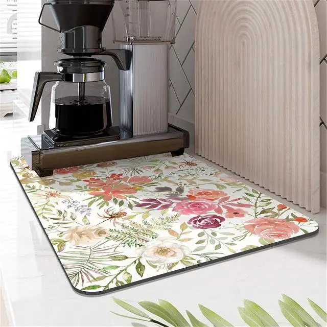 Alt view image 7 of 7 - LOKHOM 12"x20" Dish Drying MatPink Floral Coffee Mat | Pink Roses Petals Prints, Ultra Absorbent, Quick Dry Dish Drainer Rack Mat, Heat Resistant, For Kitchen Countertop Sink Bar
