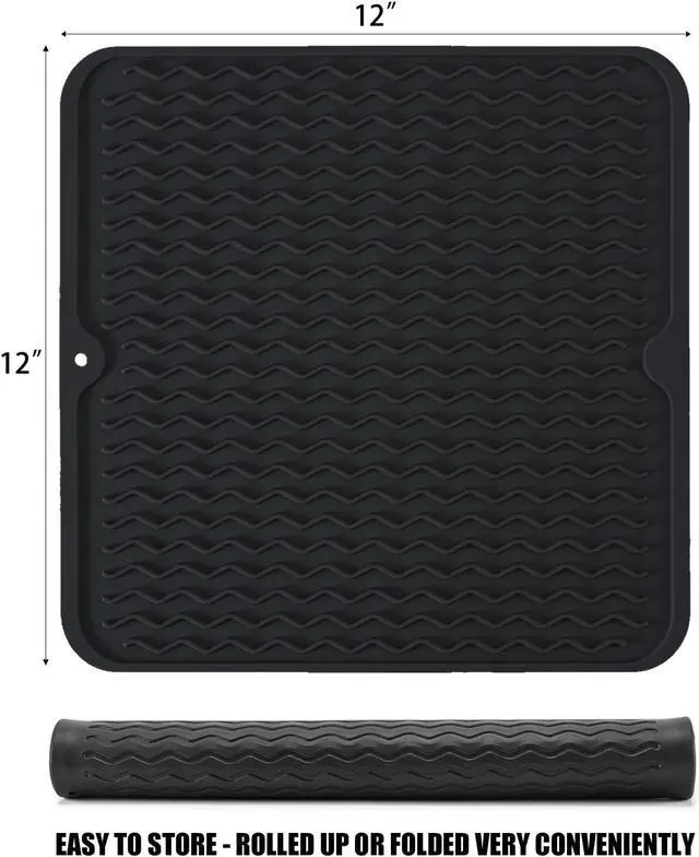 Alt view image 2 of 7 - Silicone Dish Drying Mat, Non-Slip Easy Clean Sink Mat Large Heat-resistant Dish Drainer Mat for Kitchen Counter, Sink, Refrigerator or Drawer liner (12" x 12", BLACK)