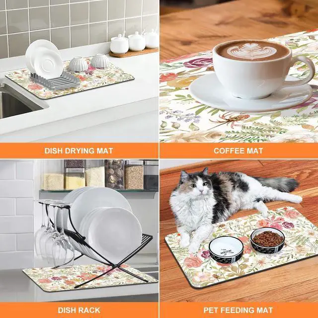 Alt view image 5 of 7 - LOKHOM 12"x20" Dish Drying MatPink Floral Coffee Mat | Pink Roses Petals Prints, Ultra Absorbent, Quick Dry Dish Drainer Rack Mat, Heat Resistant, For Kitchen Countertop Sink Bar