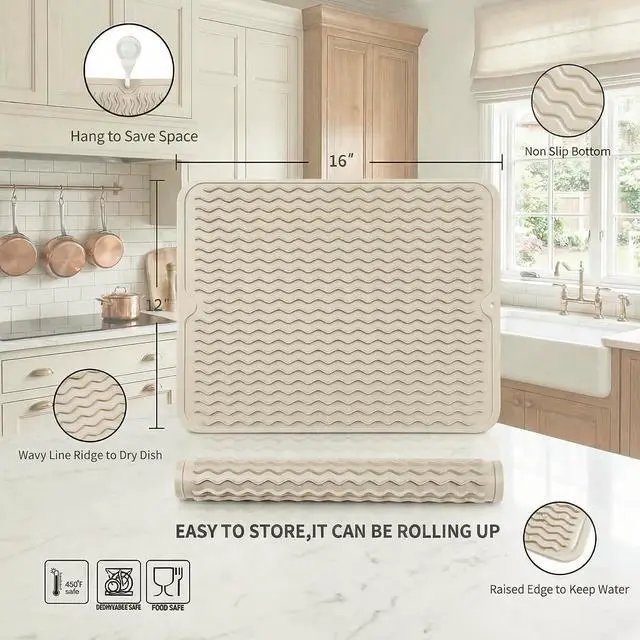Alt view image 2 of 7 - MicoYang Silicone Dish Drying Mat Quick-Dry Ridges Counter & Sink Pad, Heat-Resistant Trivet to 450°F, Non-Slip & Dishwasher Safe, Roll-Up Storage, 18 Colors & 9 Sizes (Tapioca, 16"×12")