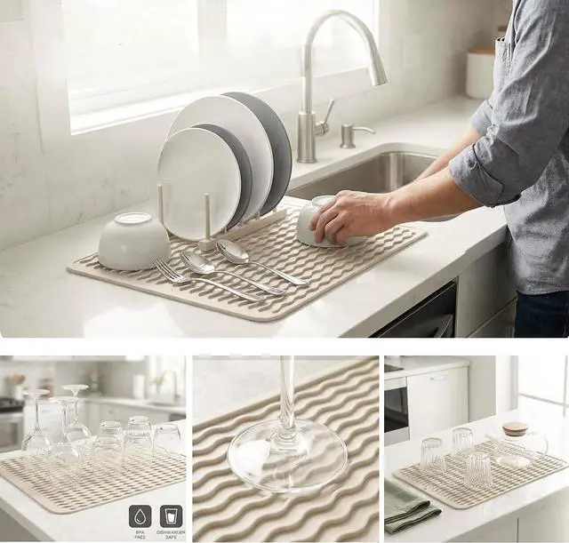 Alt view image 3 of 7 - MicoYang Silicone Dish Drying Mat Quick-Dry Ridges Counter & Sink Pad, Heat-Resistant Trivet to 450°F, Non-Slip & Dishwasher Safe, Roll-Up Storage, 18 Colors & 9 Sizes (Tapioca, 16"×12")