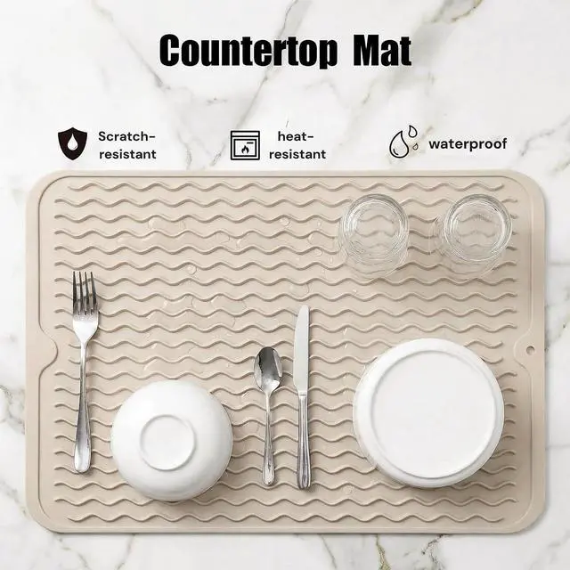 Alt view image 4 of 7 - MicoYang Silicone Dish Drying Mat Quick-Dry Ridges Counter & Sink Pad, Heat-Resistant Trivet to 450°F, Non-Slip & Dishwasher Safe, Roll-Up Storage, 18 Colors & 9 Sizes (Tapioca, 16"×12")