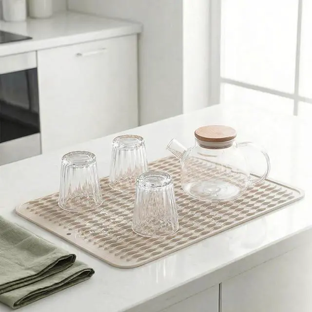 Alt view image 6 of 7 - MicoYang Silicone Dish Drying Mat Quick-Dry Ridges Counter & Sink Pad, Heat-Resistant Trivet to 450°F, Non-Slip & Dishwasher Safe, Roll-Up Storage, 18 Colors & 9 Sizes (Tapioca, 16"×12")