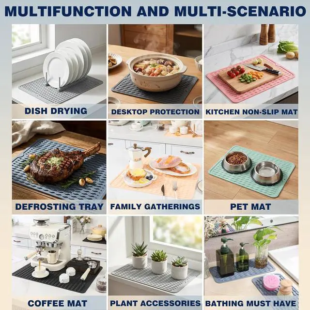 Alt view image 4 of 7 - 2 Pack Caketime Silicone Dish Drying Mat for Kitchen Counter Faucet Protector Under Sink Stone Rack Bath Mats for Bathroom Kitchen Decor Usage Absorbent Organizer Drain Tray 17inchx6inch Beige