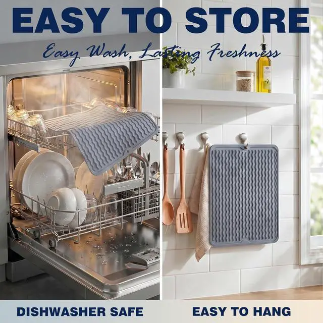Alt view image 6 of 7 - 2 Pack Caketime Silicone Dish Drying Mat for Kitchen Counter Faucet Protector Under Sink Stone Rack Bath Mats for Bathroom Kitchen Decor Usage Absorbent Organizer Drain Tray 17inchx6inch Beige