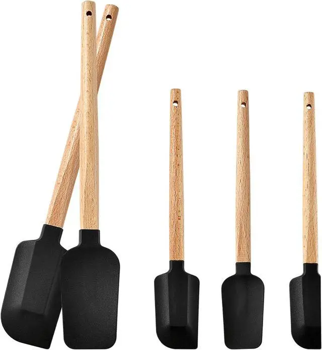 Main image of 5 Piece Silicone Spatula Set with Wooden Handle, High Heat Resistant Non Stick Kitchen Spatulas, BPA-Free Food Grade Silicone Utensils for Cooking Baking Mixing Jar Scraping, Black