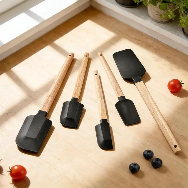 Alt view image 2 of 7 - 5 Piece Silicone Spatula Set with Wooden Handle, High Heat Resistant Non Stick Kitchen Spatulas, BPA-Free Food Grade Silicone Utensils for Cooking Baking Mixing Jar Scraping, Black