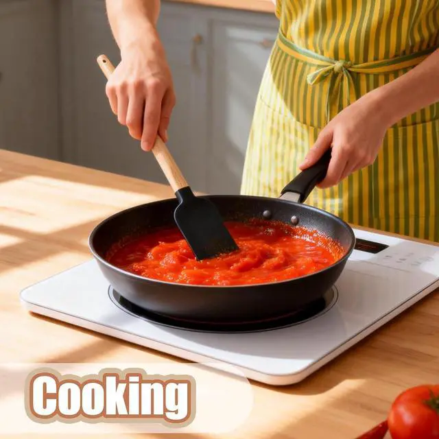 Alt view image 4 of 7 - 5 Piece Silicone Spatula Set with Wooden Handle, High Heat Resistant Non Stick Kitchen Spatulas, BPA-Free Food Grade Silicone Utensils for Cooking Baking Mixing Jar Scraping, Black