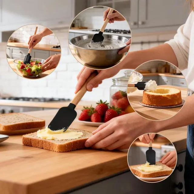 Alt view image 7 of 7 - 5 Piece Silicone Spatula Set with Wooden Handle, High Heat Resistant Non Stick Kitchen Spatulas, BPA-Free Food Grade Silicone Utensils for Cooking Baking Mixing Jar Scraping, Black