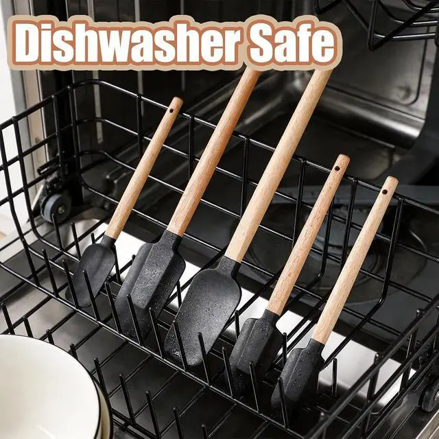 Alt view image 3 of 7 - 5 Piece Silicone Spatula Set with Wooden Handle, High Heat Resistant Non Stick Kitchen Spatulas, BPA-Free Food Grade Silicone Utensils for Cooking Baking Mixing Jar Scraping, Black