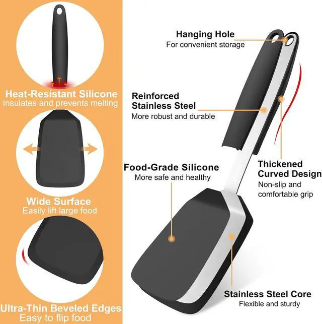 Alt view image 3 of 7 - Beijiyi Silicone Spatula Turner, 600°F Heat Resistant, 13 x 3.2 in (Black) | BPA Free, Non-Toxic, Flexible Turner, Non Scratch for Non Stick Frying Pan, Flipping, Cooking, Dishwasher Safe