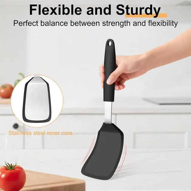 Alt view image 5 of 7 - Beijiyi Silicone Spatula Turner, 600°F Heat Resistant, 13 x 3.2 in (Black) | BPA Free, Non-Toxic, Flexible Turner, Non Scratch for Non Stick Frying Pan, Flipping, Cooking, Dishwasher Safe
