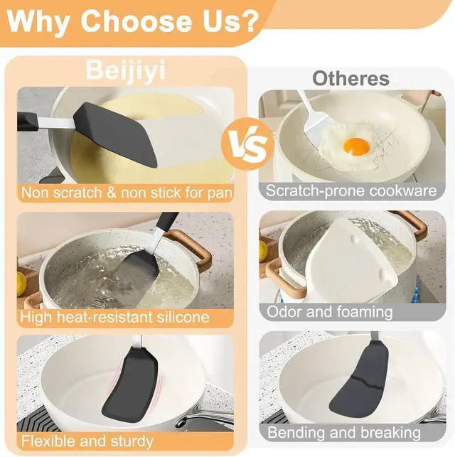 Alt view image 6 of 7 - Beijiyi Silicone Spatula Turner, 600°F Heat Resistant, 13 x 3.2 in (Black) | BPA Free, Non-Toxic, Flexible Turner, Non Scratch for Non Stick Frying Pan, Flipping, Cooking, Dishwasher Safe