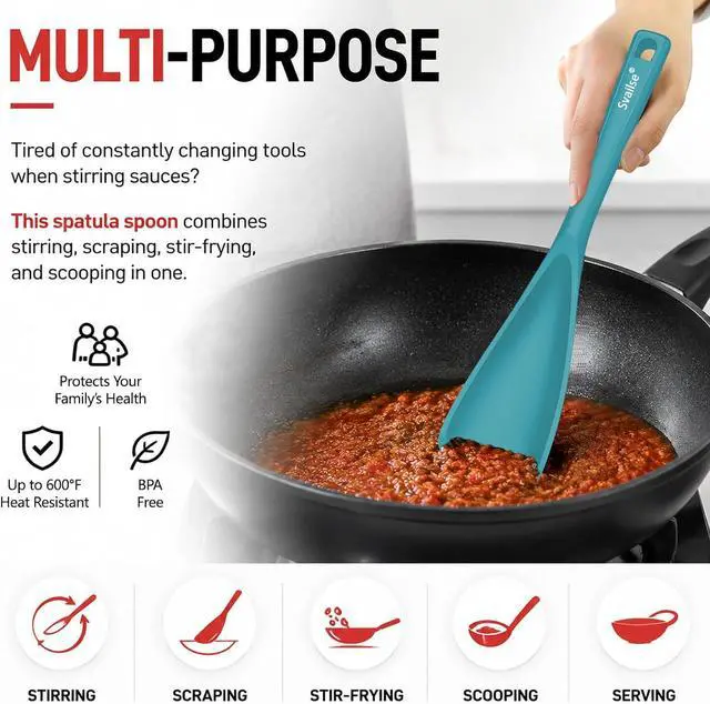 Alt view image 3 of 7 - Cooking Spoon for Nonstick Cookwares, Multifunction Silicone Spatula Spoons BPA Free, Great for Mixing, Scooping, Scraping and Serving, Dishwasher Safe (2 Teal, 12.6 inch)