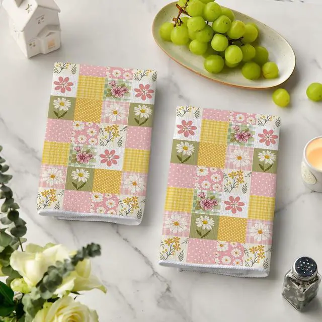 Alt view image 3 of 6 - Artoid Mode Checkered Design Daisy Floral Spring Kitchen Towels Dish Towels, 18x26 Inch Farmhouse Summer Decoration Cleaning Set of 2